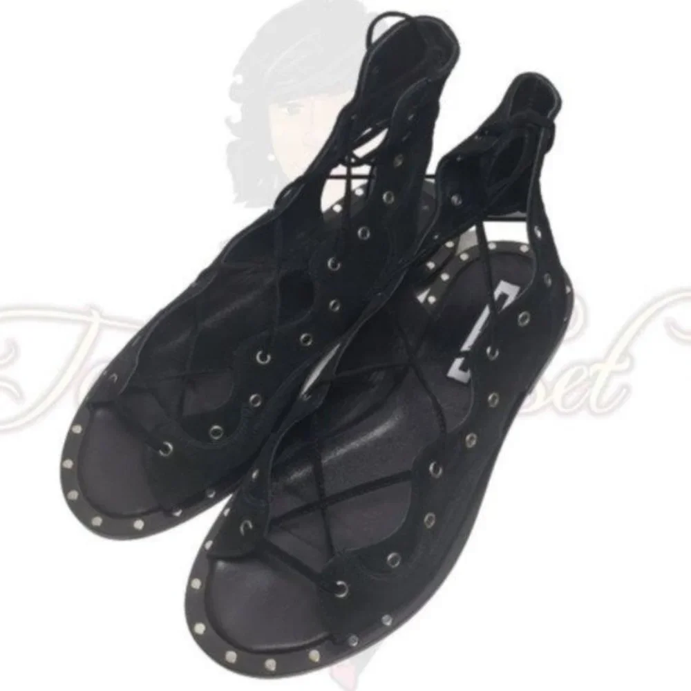 McQ Alexander McQueen Black Open Toe Lace Up Flats - Picture 1 of 12